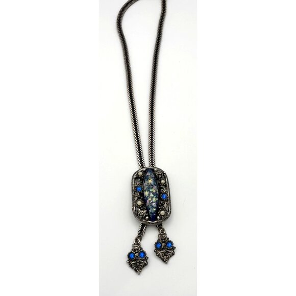 Selro Jewelry - Selro Confetti Opal Lucite Lariat Necklace Blue Accents with Owls, Cat, Bear